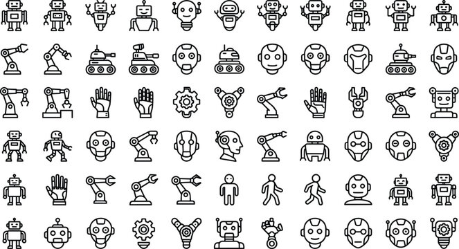 Robot and artificial intelligence line icon set featuring industrial robotic arms cyborg faces humanoid tech android gear and automation vector machinery elements