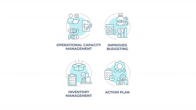 Supply chain efficiency animated monochrome cyan concept icon set. Enhancing financial forecasting. Data driven asset management. Minimalist blue line animation pack. Circular motion graphics