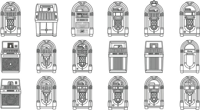 Vintage jukebox line icon vector set featuring classic retro music players old school audio machines neon record changers and nostalgic party entertainment elements