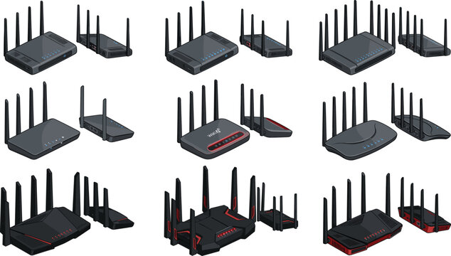 Wireless internet router vector icon set featuring modern black gaming modems with multi antennas for fast broadband network signal connections isolated on white