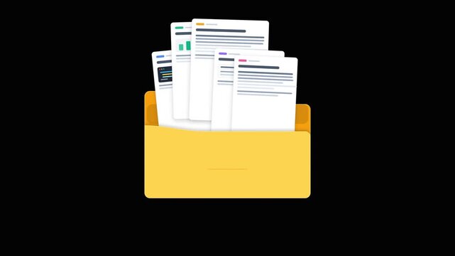 Rotating yellow office folder with documents on black background loop. 4K Video