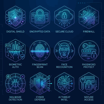 Neon cyber security technology icons set featuring digital shield encryption cloud firewall biometric and malware detection