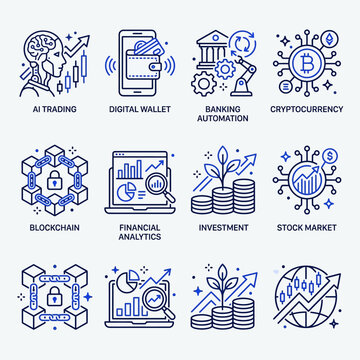 Innovative fintech financial technology icons set featuring digital payment automation stock market analytics and cryptocurrency blockchain concepts