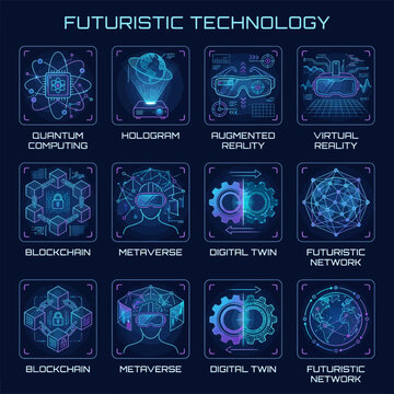 Futuristic technology line icon set featuring quantum computing digital twin metaverse augmented reality virtual reality blockchain cyber network
