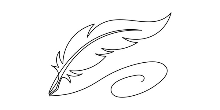 Continuous line vector of a curving feather quill pen Minimalist one line drawing of a creative writing scroll Single line illustration with editable stroke