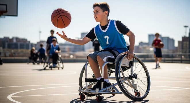 Boy in wheelchair playing basketball with enthusiasm and skill on outdoor court. Young athlete shows determination, practicing basketball with teammates in background.