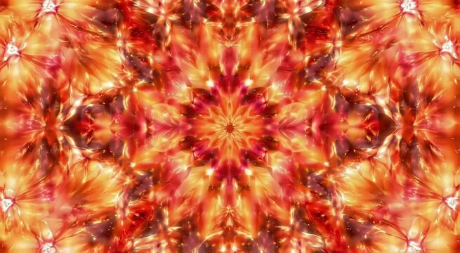 Vibrant kaleidoscopic mandala with red, orange and gold starburst petals radiating crystalline, glowing symmetry