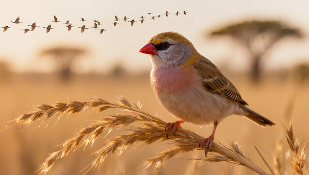 Red-billed quelea bird perched on dry savanna grass in African natural habitat