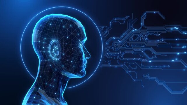 Wireframe face built glowing network nodes faces field of electronic pathways. Futuristic digital human artificial intelligence, neural computing, automation, virtual avatars innovation explainers.