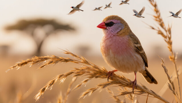 Red-billed quelea bird perched on dry savanna grass in African natural habitat