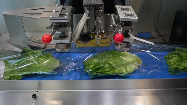 Food package wrapping machinery. Vegetable and fruit on flow packing machine. Food industry