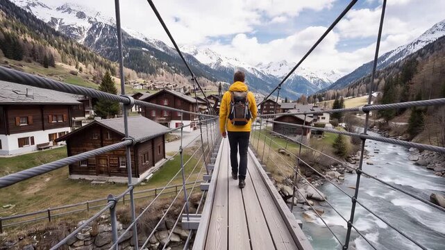 Back view Young traveler man dressed in yellow jacket, crosses hiking on an impressive wooden and metal bridge in the village of Goms in the Swiss alps.