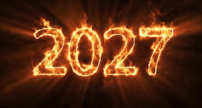 Fiery 2027 numbers burning with intense light and glowing embers on a dark background for New Year celebrations