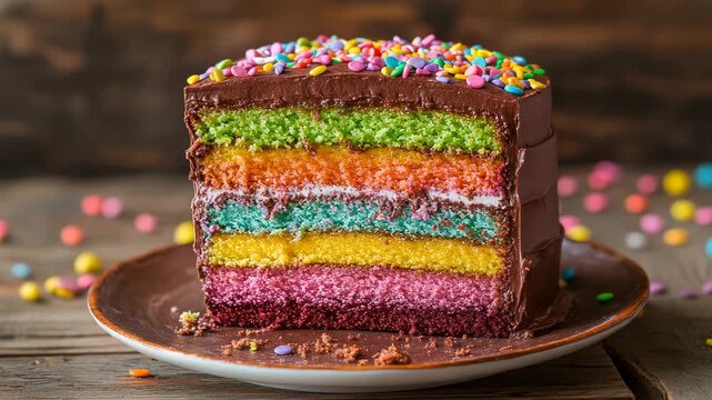 Colorful layered rainbow chocolate cake slice on rustic table with sprinkles creamy frosting and festive dessert mood birthday celebration bakery menu sweet food advertising joyful party background