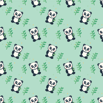 Cute Kawaii Panda Seamless Pattern with Bamboo Leaves on Mint Green Background