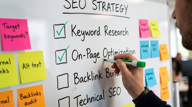 SEO strategy checklist on whiteboard with hand holding marker for professional marketing planning and website optimization tasks