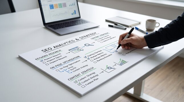 Professional SEO Analytics Strategy Plan on Paper with Laptop and Hand Holding Pen on White Desk