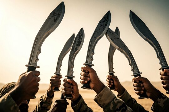 Group of soldiers hold sharp kukri knives high in desert air. Armed men in camo uniforms raise traditional curved blades towards sky. Military combat weapons held by hands during intense battle war