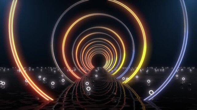Futuristic corridor of radiant circular arches recedes into darkness, highlights reflected across floor. glowing rings central path. An immersive abstract video background for music, events technology