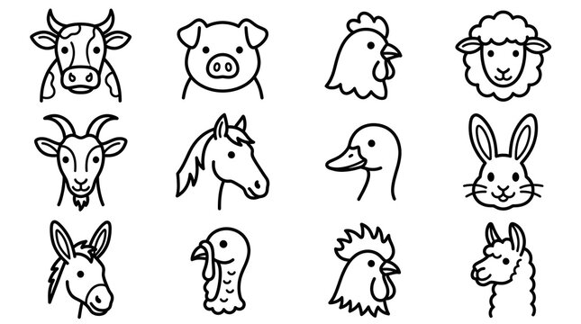 Set of cute farm animal head icons including cow pig chicken sheep goat horse duck rabbit donkey turkey and llama faces