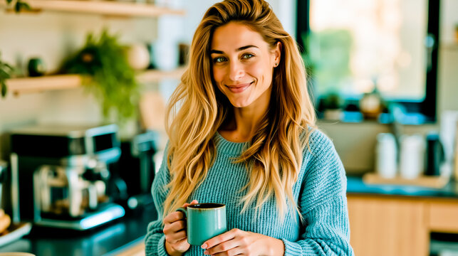 A woman with long blonde hair is smiling and holding a coffee mug in a kitchen