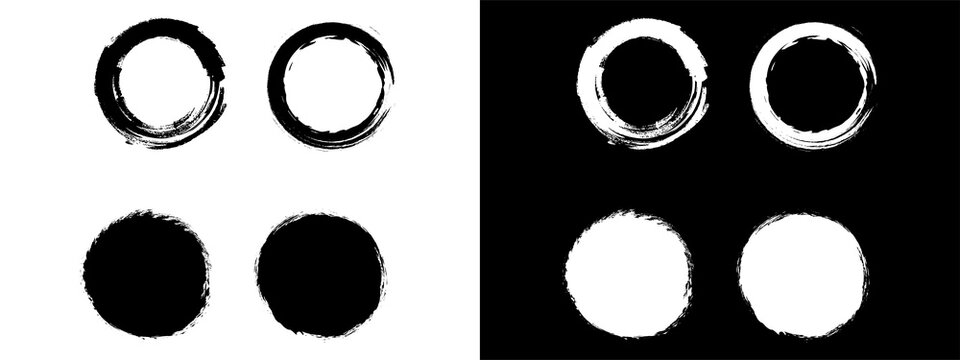 Set of handdrawn ink circles and solid brush stroke dots isolated on transparent background