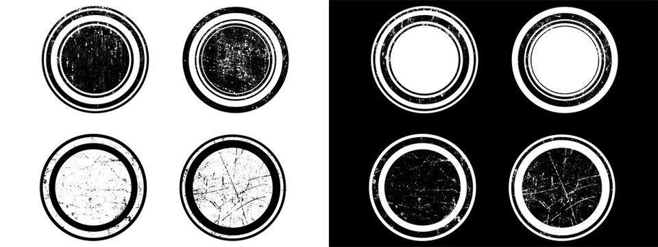 Set of four grunge rubber stamp circles with distressed texture and circular borders isolated on transparent background