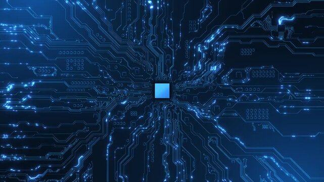 Square processor links blue circuit paths dark electronic board. chips circular contacts add technical. Abstract footage illustrating computer hardware, data processing semiconductor engineering.