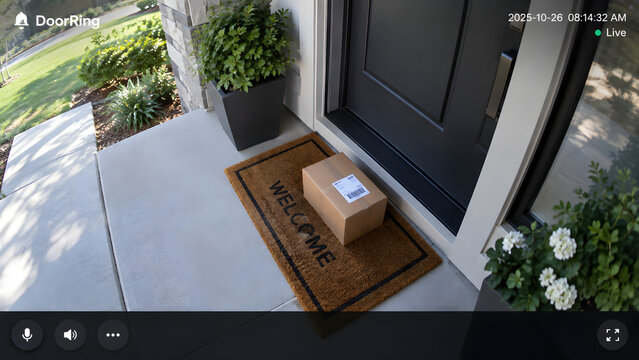 Doorbell security camera live view showing cardboard package box on doorstep mat.