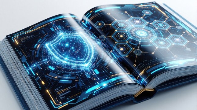 Open futuristic book features glowing blue holographic interface. Digital shield icon on left page represents cyber security, data protection. High tech geometric patterns, network grid on right page