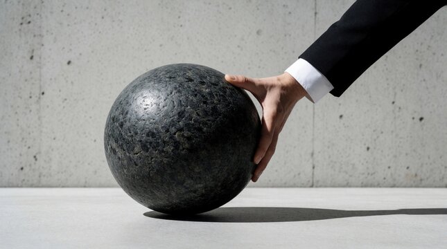 Man in black suit moves large heavy round stone on grey floor. Person uses hands to shift massive dark rock in minimal studio. Concept of strength, balance, weight, moving big task obstacle in modern