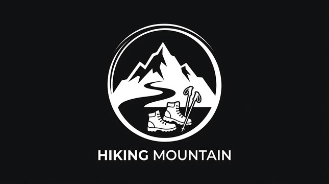 Circular mountain hiking logo with boots and poles.