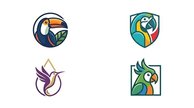 Colorful bird logo set with parrot and hummingbird icons.