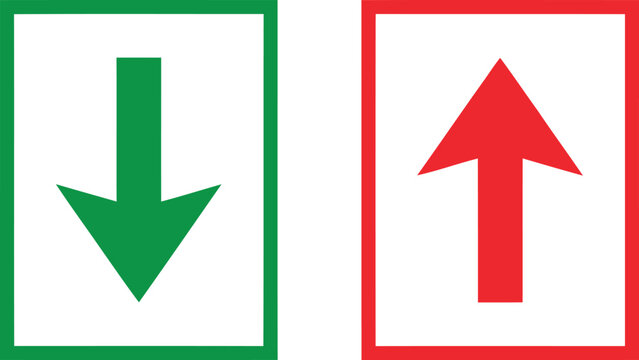 Green arrow pointing down and red arrow pointing up in rectangular frames