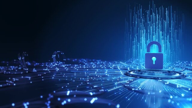 Lock appears glowing digital platform, blue rays, connected points vertical light traces. dark side offers room for text. Conceptual footage for encryption, secure access network security awareness.