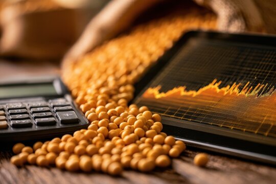 Soybeans spilling beside calculator and tablet displaying financial chart on wooden surface for agricultural commodity pricing analysis