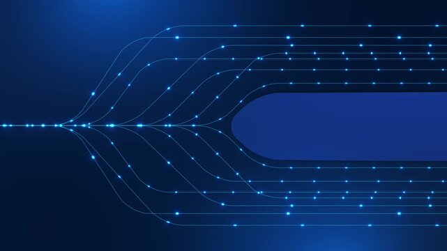 Glowing points trace fine curved lines background, rounded panel. branching layout suggests connected digital systems. Video background for telecommunications, information transfer technology titles.