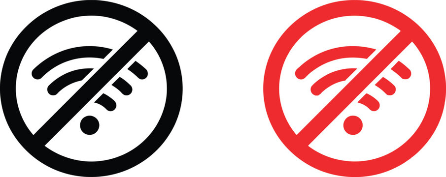 No wifi connection icon set with forbidden symbols for internet access and wireless signal alert