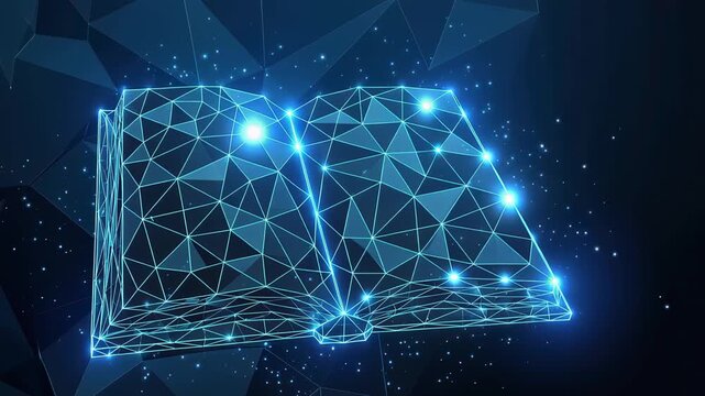 glowing blue open book. Low polygon, particle, and triangle style design. Wireframe light connection structure