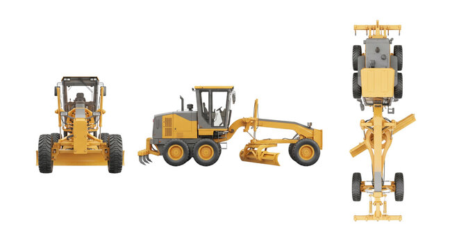 Three-View Orthographic Projections of Generic Industrial Motor Grader on Transparent Background