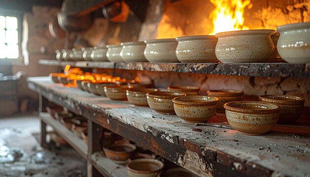 Kiln shelves with bisque fired ceramic pieces cooling in warm ambient workshop glow generative AI