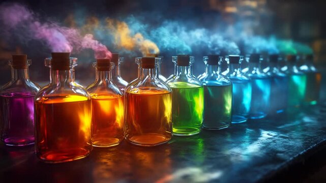 Row of glass apothecary bottles filled with glowing liquid and colorful smoke rising in dark studio scene showing magic potions chemistry fantasy laboratory mystery and creative experiment atmosphere