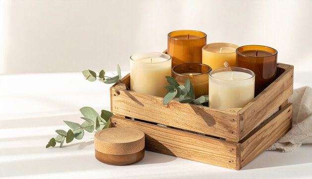 Wooden crate of assorted handmade candles arranged with warm inviting market stall feel generative AI