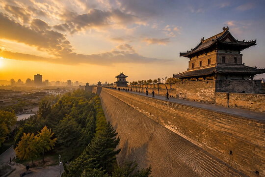 Ancient Xian City Wall and Watchtower at Golden Hour