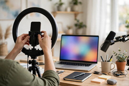 Hands Setting Up a Smartphone Ring Light for Livestream at Home Desk