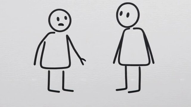 Clean minimalist stick figure animation of conversation exchange, white background