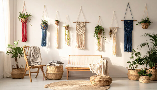 Wall of hanging macrame plant hangers with greenery in soft diffused studio light generative AI