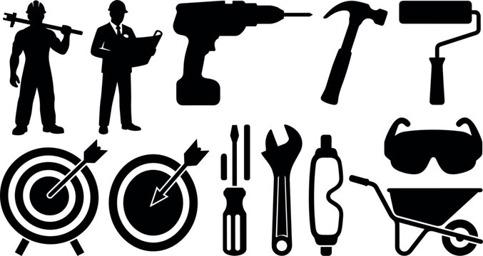 Construction tools and worker silhouettes against a white background a collection of building implements architecture