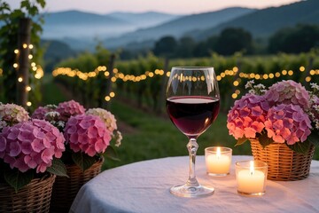 Fototapeta premium Romantic dinner setting in vineyard at dusk. Glass of red wine stands on table with lit candles, pink hydrangea flowers. Beautiful landscape with mountains, bokeh lights creates cozy atmosphere for
