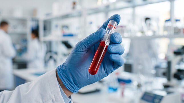hand of scientist holding glass laboratory test tube with red liquid